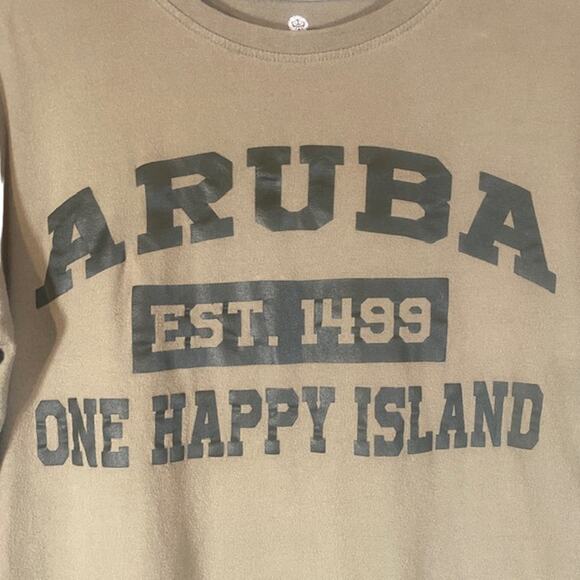Jo Anne Olive Green Short Sleeve Aruba One Happy Island T-Shirt Women Sz L - Picture 3 of 7